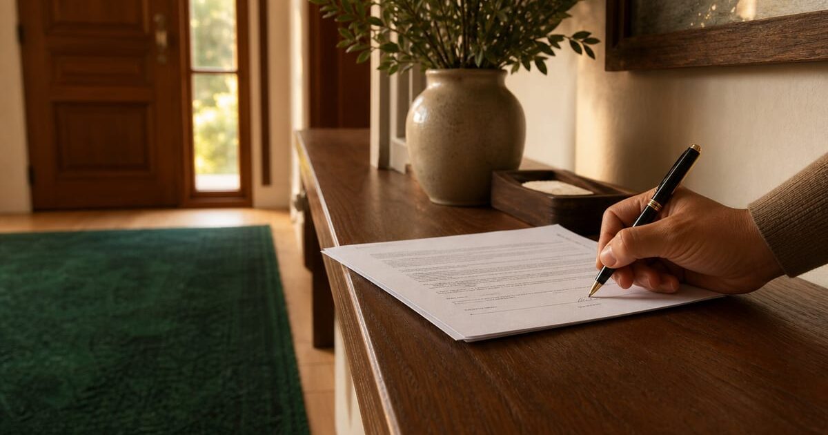 Ingresso di casa con documento e penna su tavolino, tappeto verde