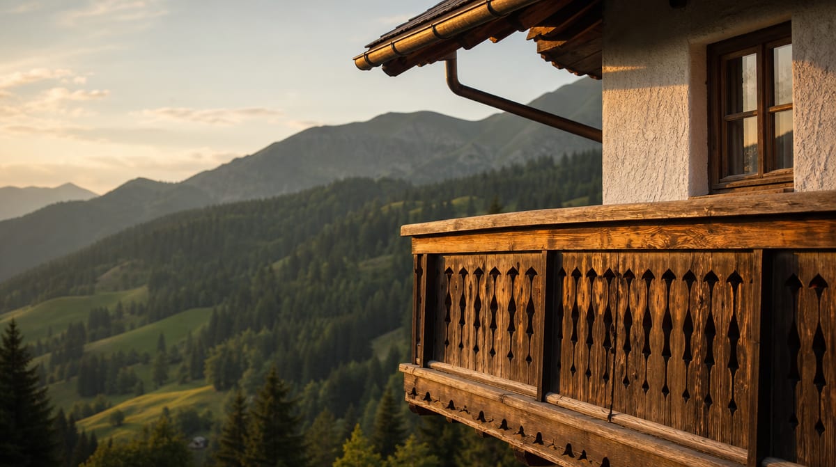 Balcone in legno di una casa tradizionale altoatesina con vista sulle montagne al tramonto, in Alto Adige, il territorio raccontato dalle Alperia opinioni