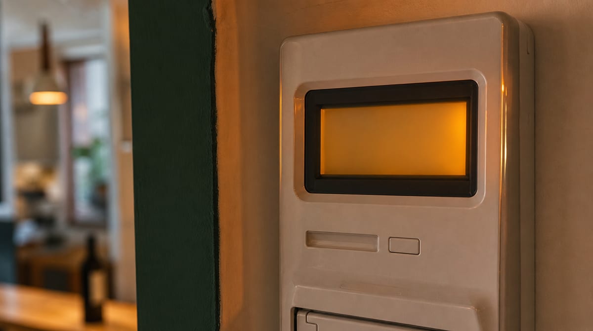 Contatore elettronico della luce con display acceso su una parete di casa, spesso il primo segnale di una bolletta raddoppiata