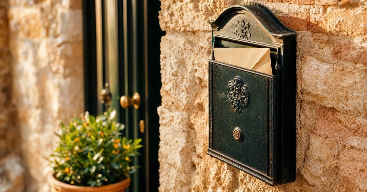 Cassetta della posta con busta all'ingresso di una casa italiana