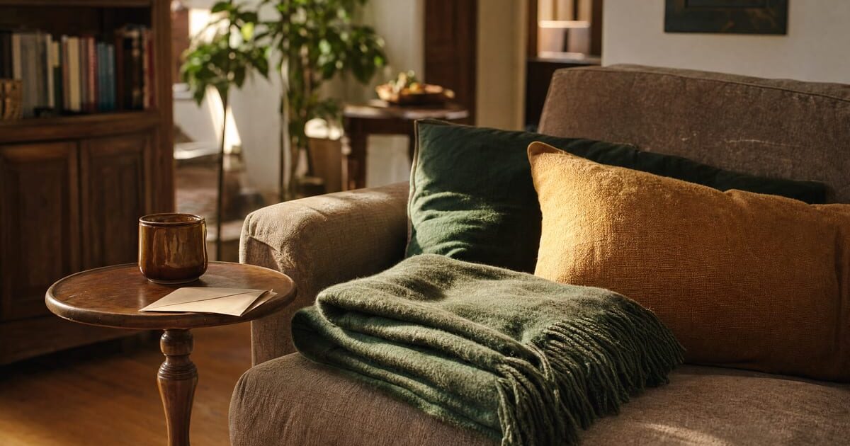 Salotto accogliente con plaid e lettera su tavolino, luce pomeridiana calda