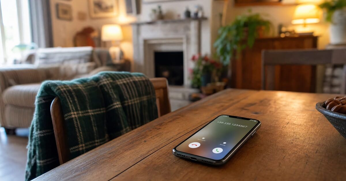 Smartphone che squilla su un tavolo di casa con numero sconosciuto sfocato sullo schermo, ambiente domestico