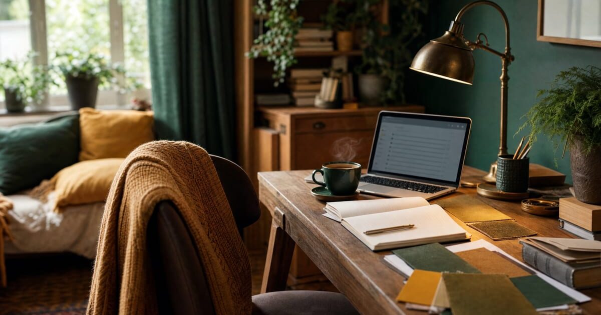 Scrivania di legno con laptop aperto, taccuino con penna, tazza di caffè e lampada da tavolo in ottone, in un soggiorno con piante