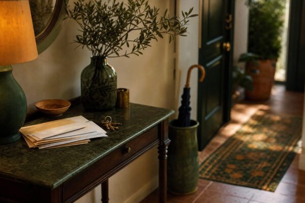 Ingresso di casa con posta appena ritirata e chiavi, luce serale calda