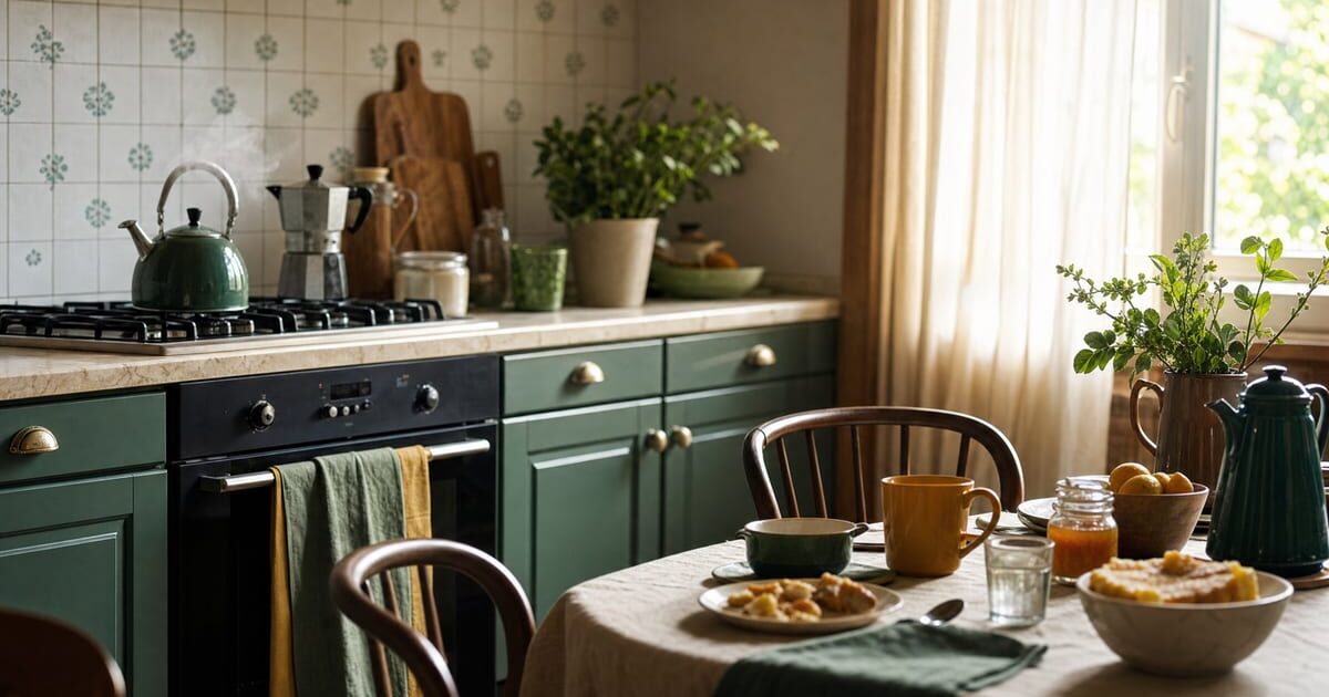 Cucina italiana luminosa con elettrodomestici ed elementi quotidiani