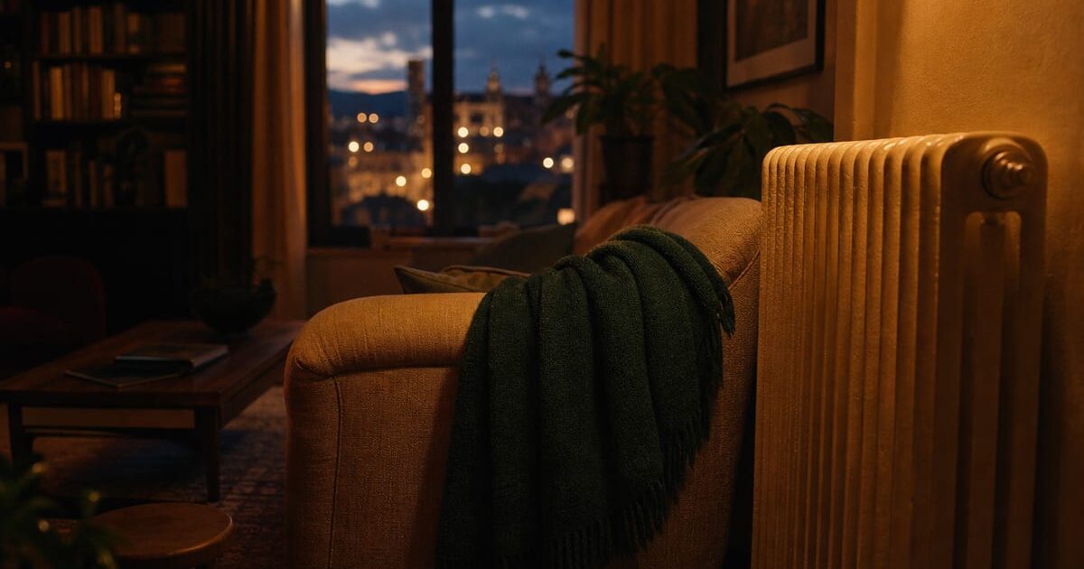 Salotto serale con termosifone, plaid verde e luce calda da lampada