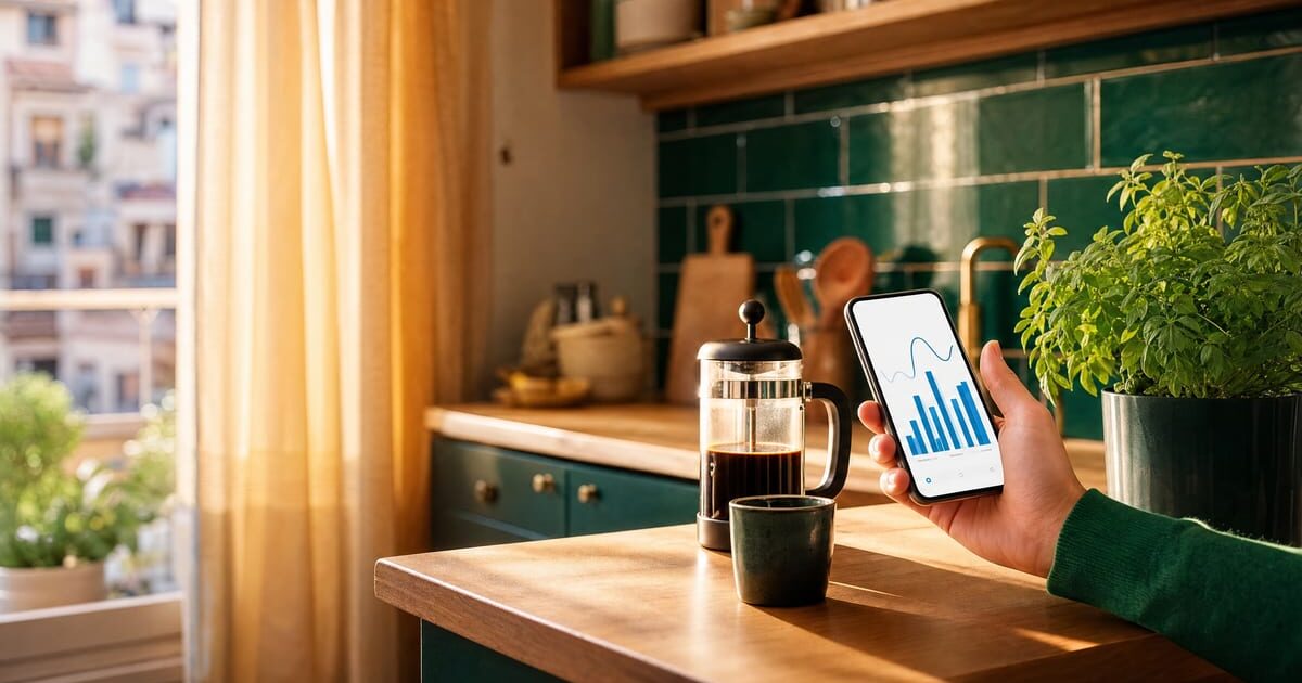 Mano che controlla i consumi di energia da smartphone in una cucina italiana al mattino