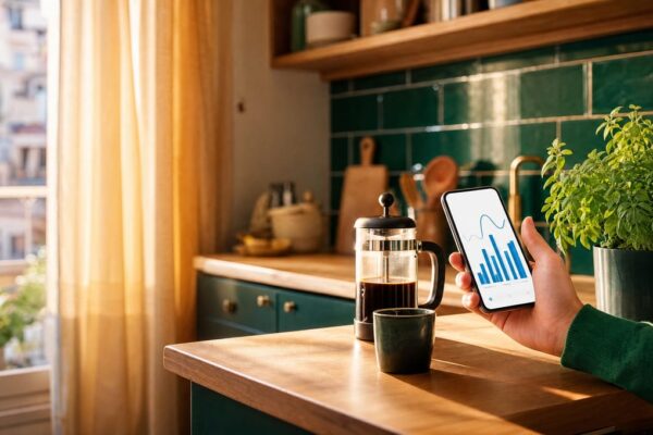 Mano che controlla i consumi di energia da smartphone in una cucina italiana al mattino