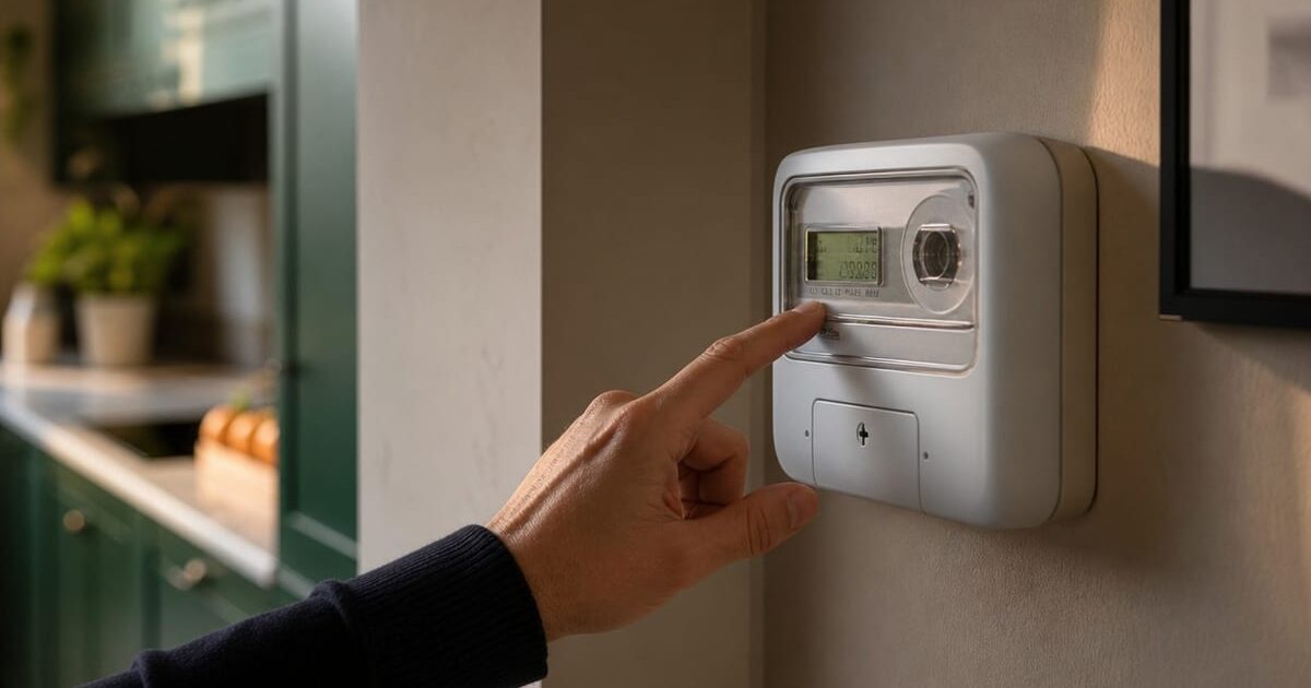 Cucina moderna con quadro elettrico a parete e mano che controlla i consumi