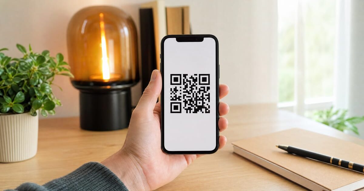 Mano che inquadra con lo smartphone il QR code per attivare una eSIM su una scrivania ordinata
