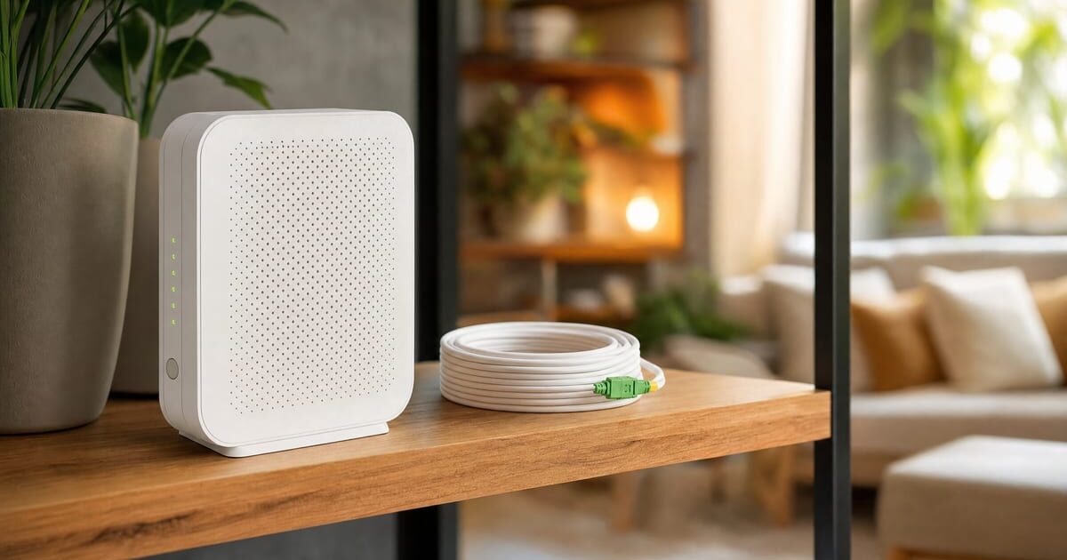 Router fibra moderno su una mensola di casa curata con cavo in fibra ottica, luce naturale