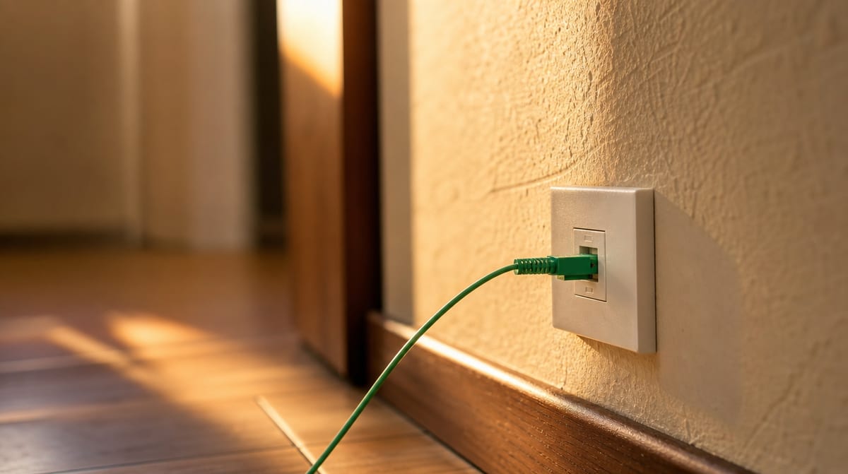 Presa a muro della fibra ottica con cavo verde collegato, il collegamento chiave quando scegli la fibra per casa