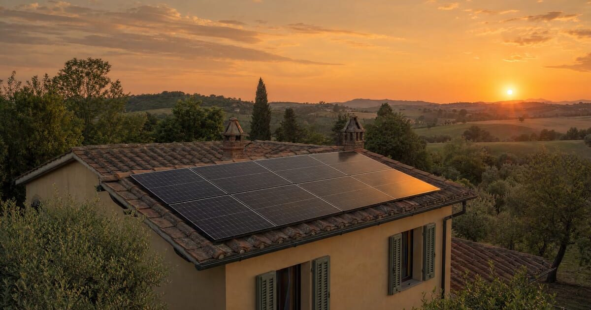 Pannelli solari fotovoltaici sul tetto di una villetta italiana al tramonto