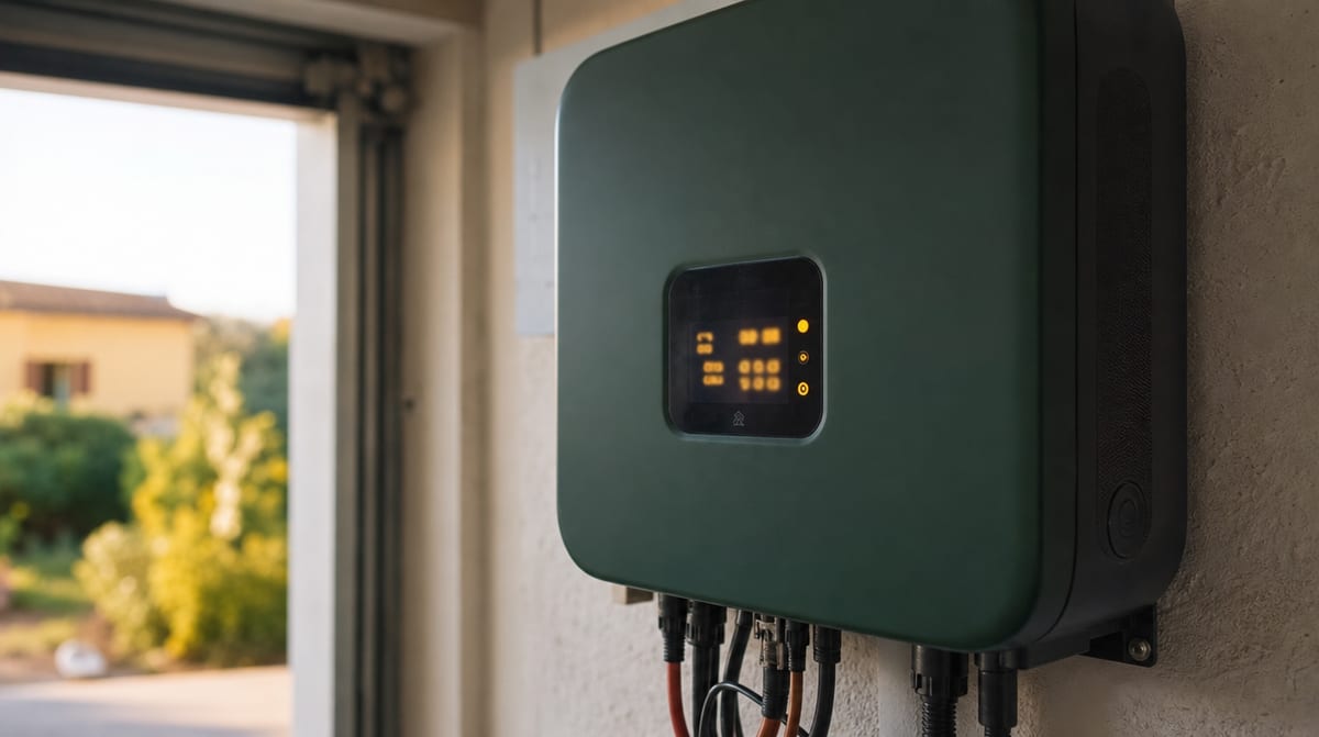 Inverter fotovoltaico a parete in garage con cavi ordinati e display acceso, il cuore dell'impianto che decide se il fotovoltaico conviene davvero