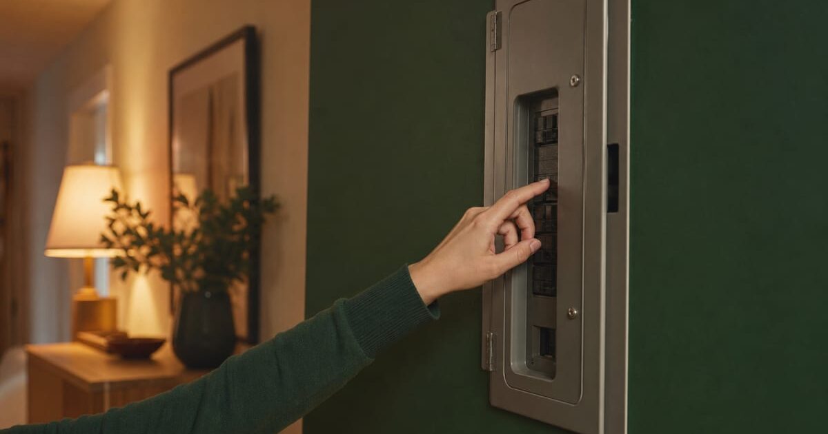 Quadro elettrico domestico con luce calda ambra e dettaglio parete verde