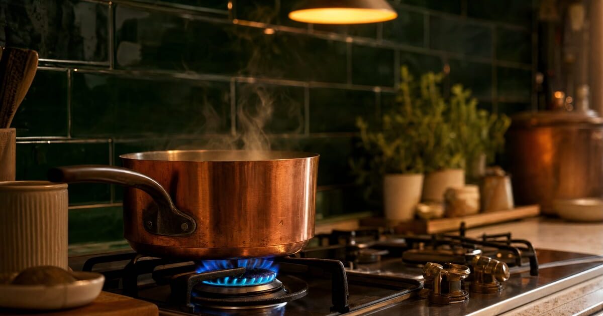 Fiamma blu di un fornello a gas in una cucina italiana