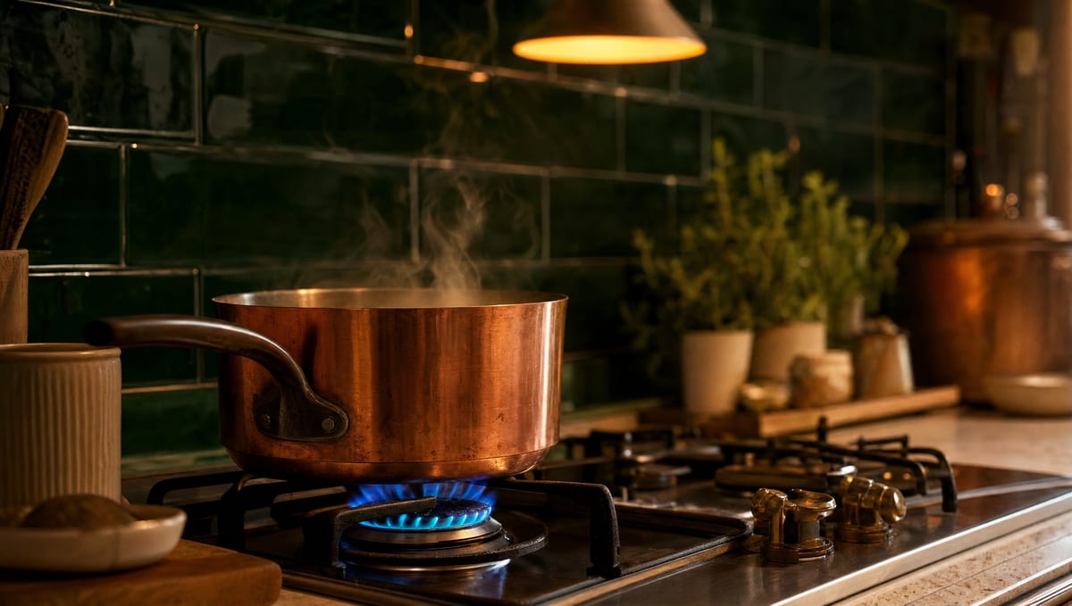 Pentola di rame su un fornello a gas acceso in una cucina, il consumo su cui si confrontano le migliori offerte gas