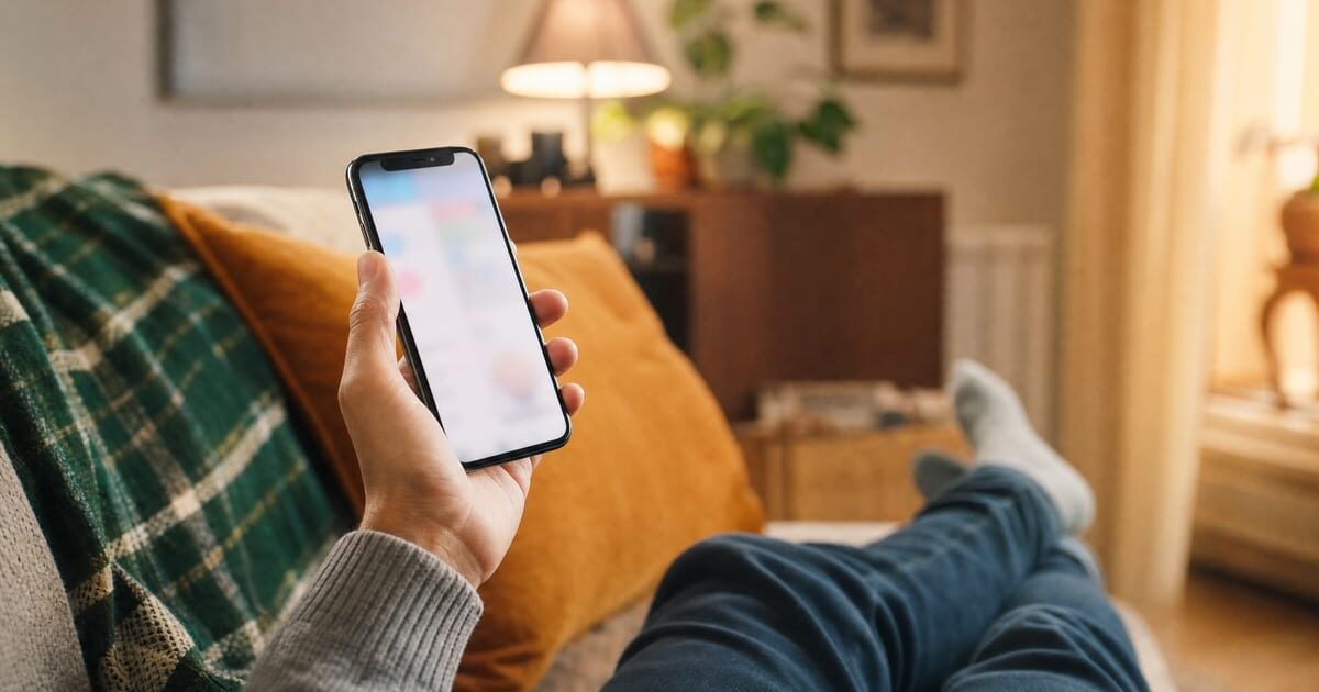 Smartphone in mano su un divano di casa con schermo sfocato, atmosfera rilassata