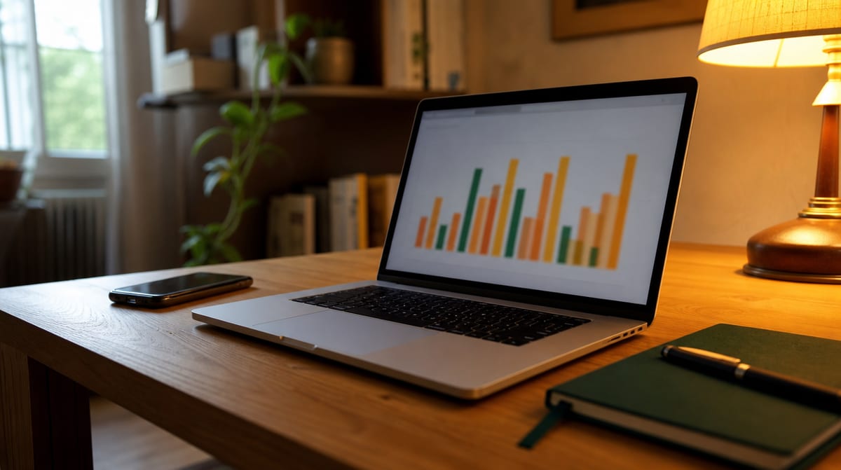 Laptop aperto con grafico sullo schermo accanto a uno smartphone su una scrivania, schermo utile per confrontare le migliori offerte mobile