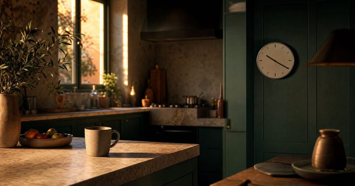 Cucina italiana con luce che cambia tra mattino e sera, orologio a parete