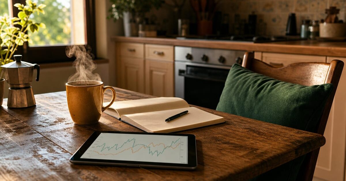 Cucina di casa con luce calda del mattino, tazza di caffe e tablet su tavolo in legno
