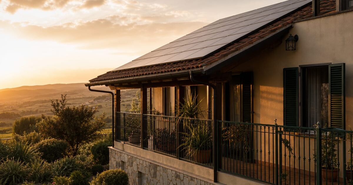 Esterno di casa con pannelli fotovoltaici sul tetto al tramonto