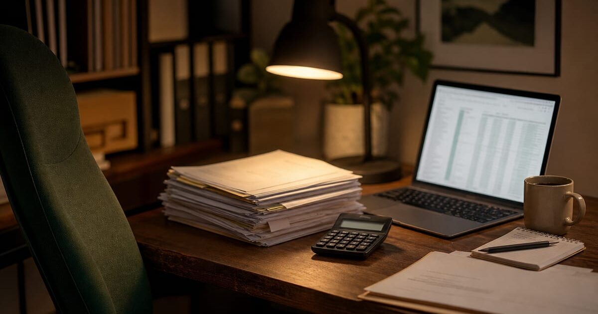 Scrivania di piccolo ufficio con fatture, calcolatrice e laptop, luce ambra