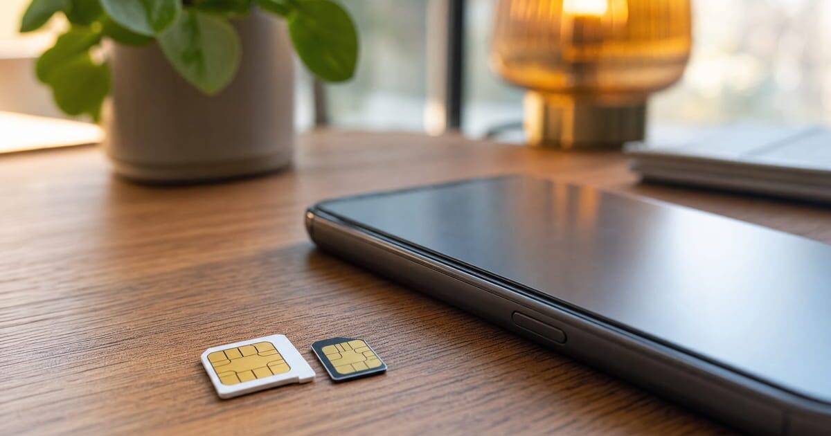 Due SIM sul tavolo accanto a un telefono nel momento della portabilita del numero