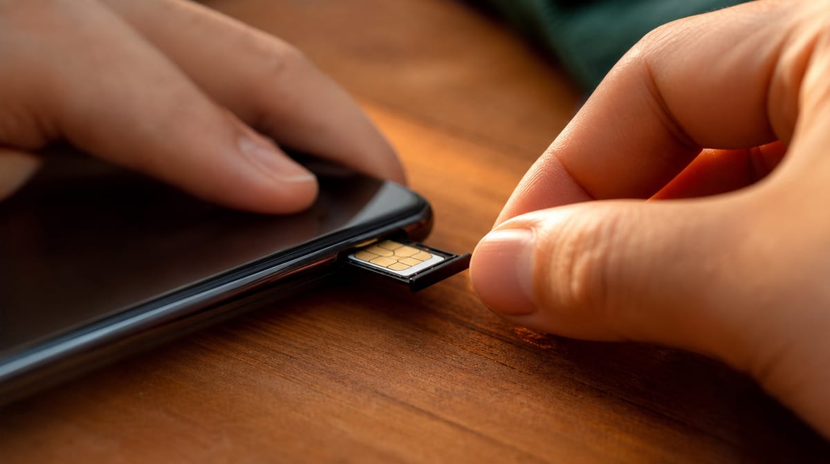 Mano che inserisce una scheda SIM nel vassoio di uno smartphone su un tavolo in legno, il passaggio chiave della portabilità numero mobile