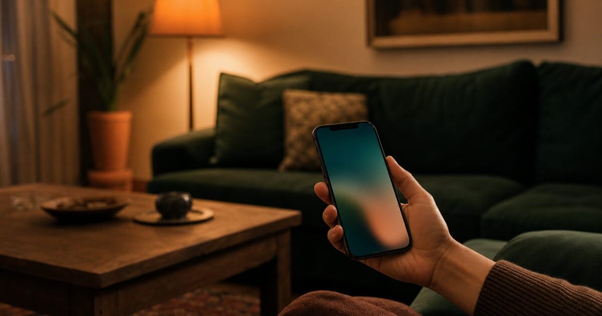 Salotto con divano verde e luce ambra, mano che scorre lo smartphone la sera