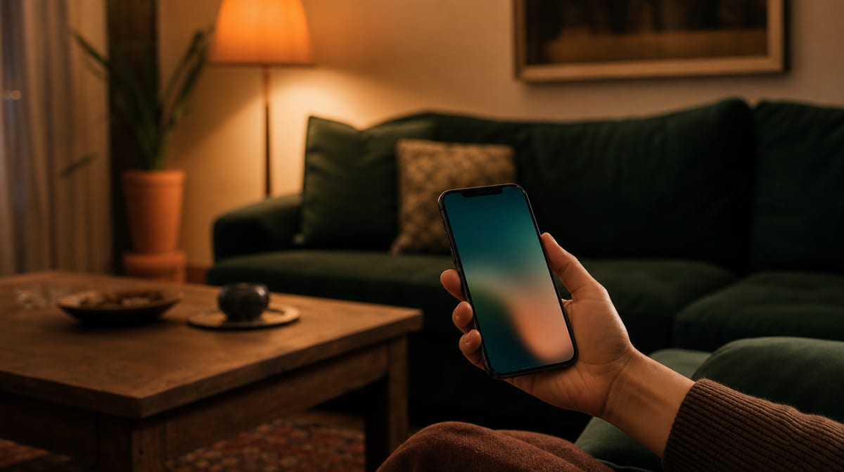 Pulsee Luce e Gas Relax gestita dall'app: una mano scorre lo smartphone la sera, su un divano verde