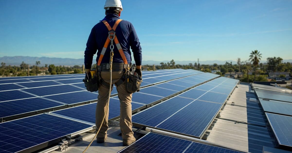 Installatore di spalle con imbracatura su un tetto con pannelli fotovoltaici, cielo limpido