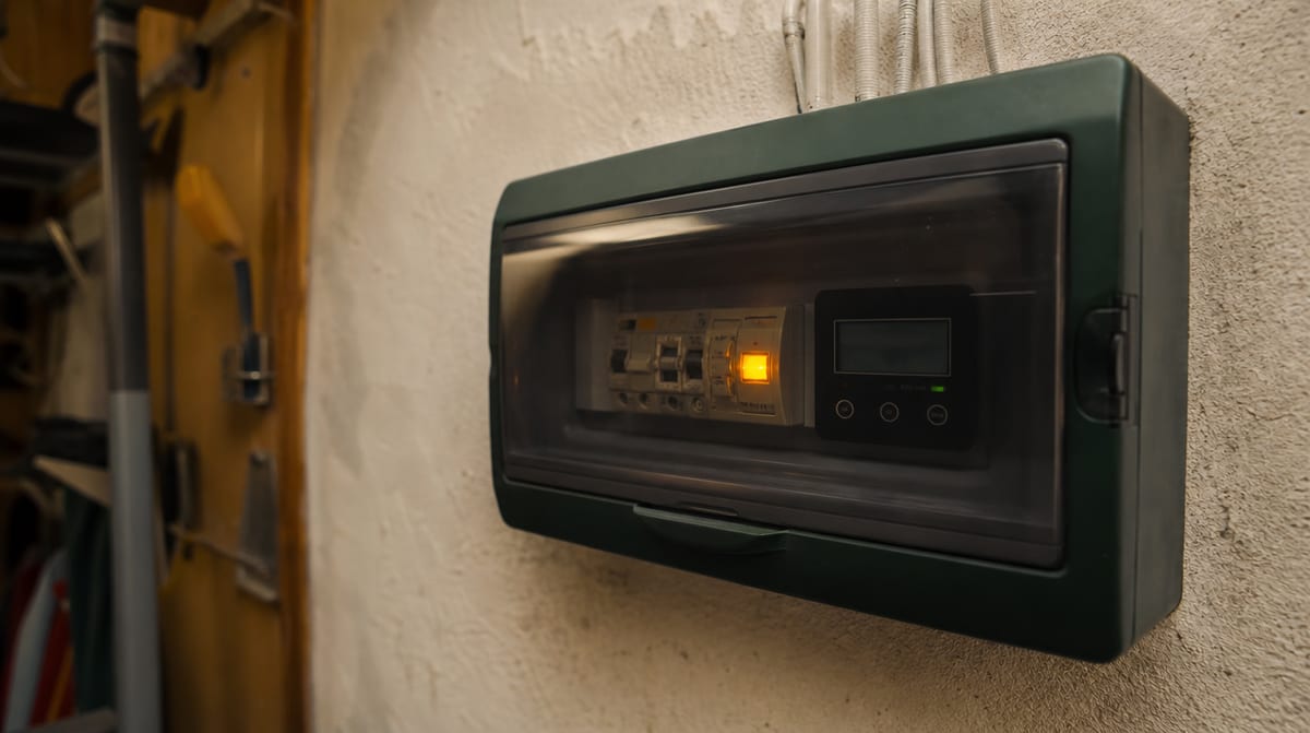 Quadro elettrico con inverter e spia luminosa a parete in un garage di casa, utile per capire quanto si risparmia con una CER