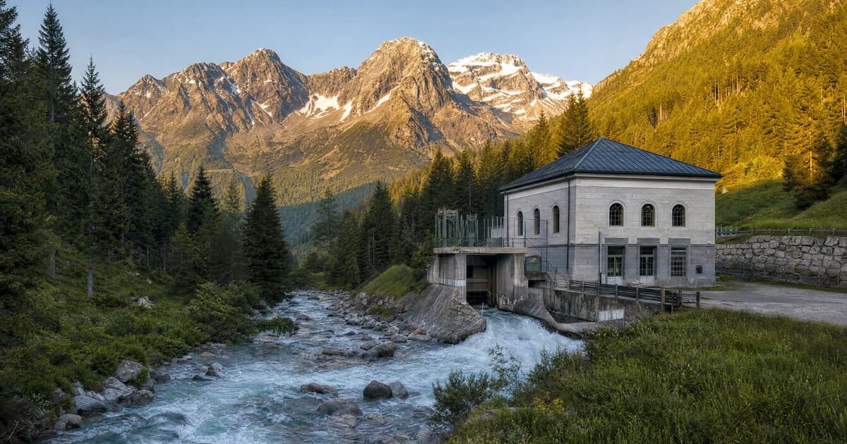 Paesaggio alpino altoatesino con centrale idroelettrica su un torrente di montagna, energia verde
