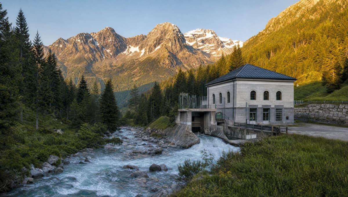 Octopus Energy o Alperia: paesaggio alpino altoatesino con una centrale idroelettrica su un torrente di montagna