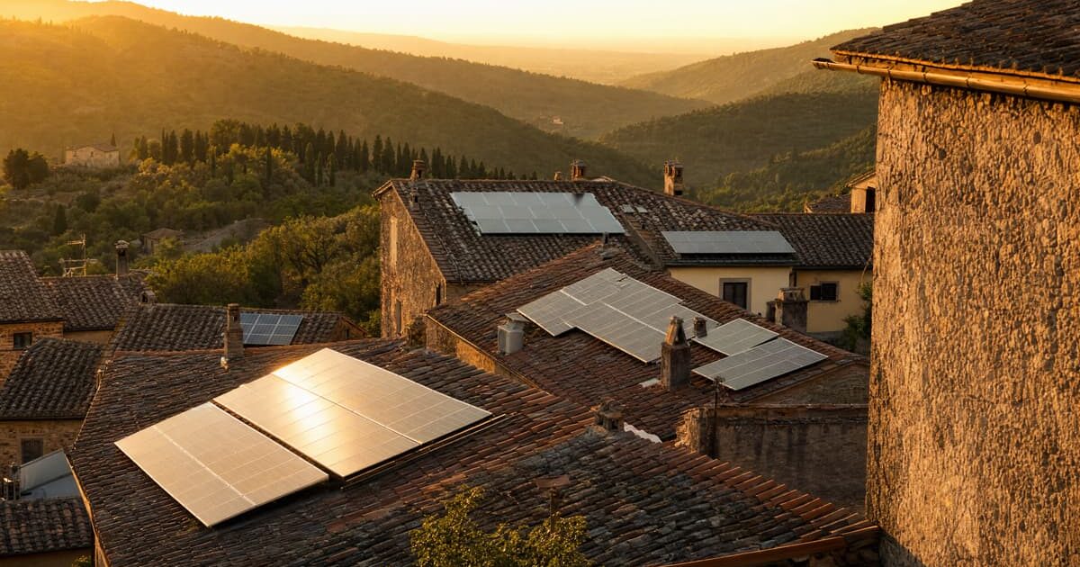 Tetti di un borgo italiano con pannelli solari condivisi di una comunita energetica, luce dorata al tramonto