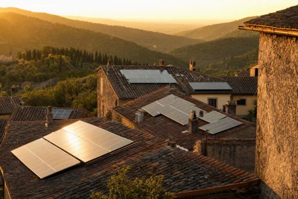 Tetti di un borgo italiano con pannelli solari condivisi di una comunita energetica, luce dorata al tramonto