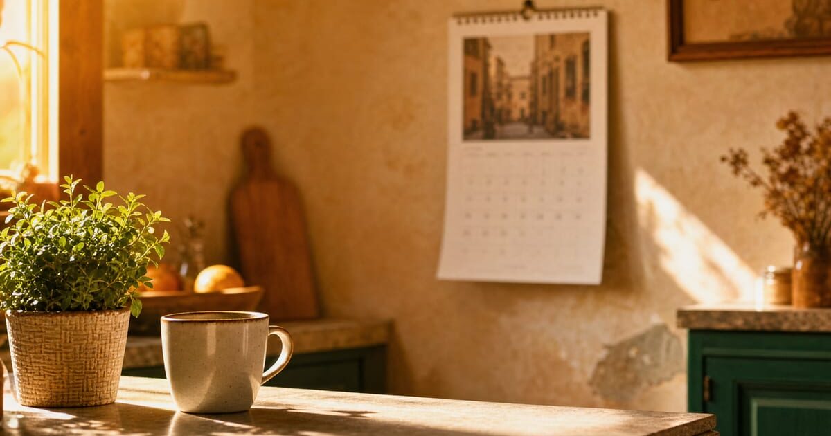 Cucina con calendario sullo sfondo e tazza di caffe in primo piano