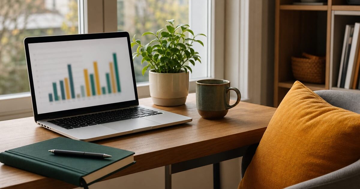 Scrivania home office con laptop, pianta verde e cuscino ambra, luce naturale