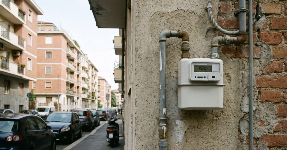 Bollette gas inverno 2026: contatore del gas sulla parete esterna di un condominio italiano
