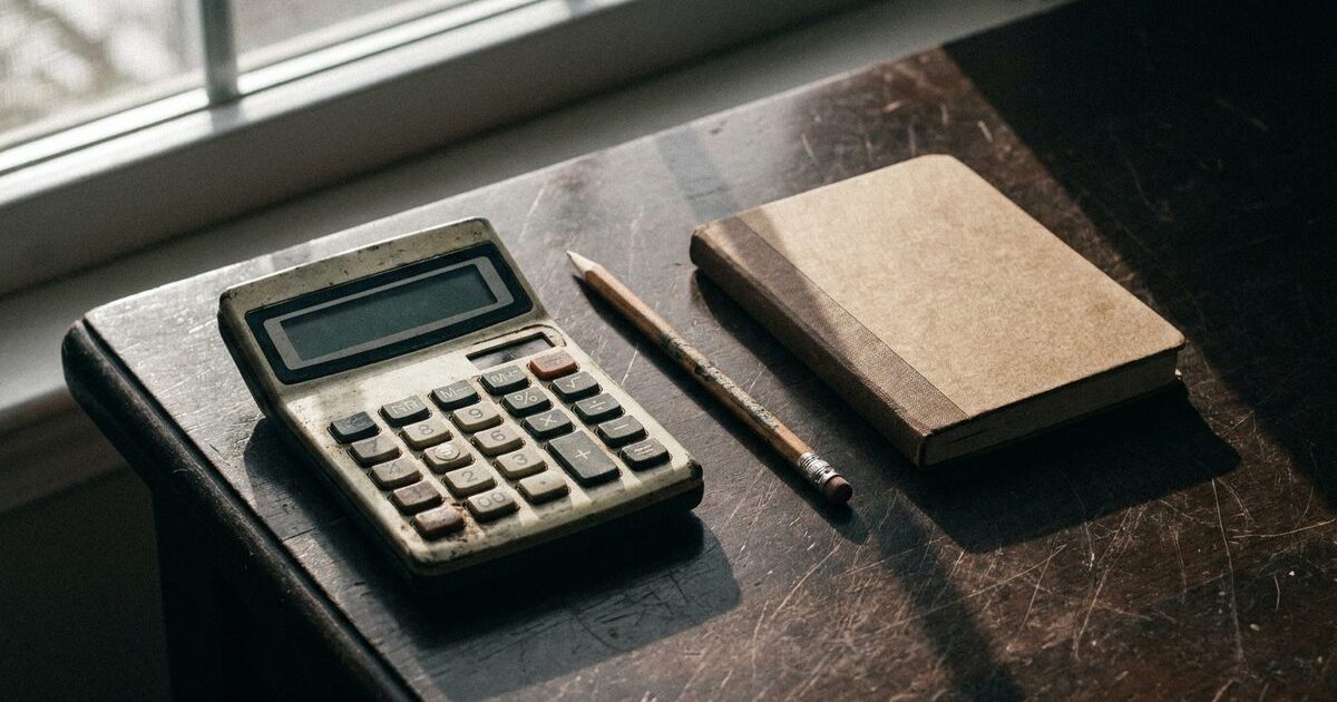 Calcolatrice consumata, matita e taccuino su un tavolo scuro accanto a una finestra
