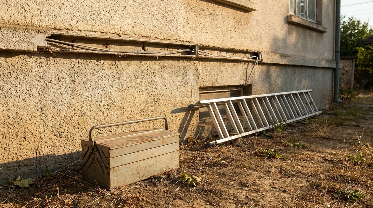 Cassetta degli attrezzi chiusa e scala appoggiate al muro: il cantiere fermo quando l'installatore fotovoltaico fallisce