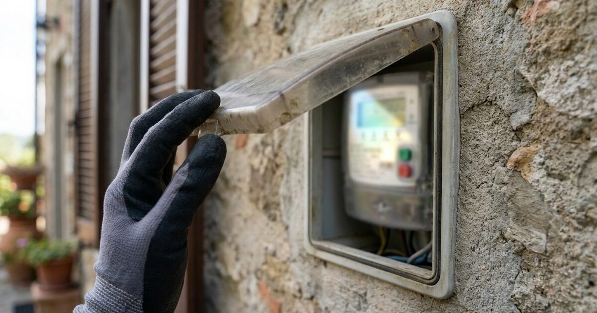 Mano con guanto da lavoro che apre lo sportello del contatore elettrico sul muro esterno di una casa