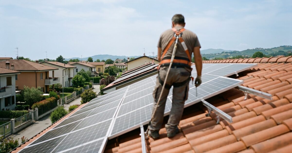 Detrazione fotovoltaico 2026: installazione di pannelli solari sul tetto di una casa in un quartiere residenziale italiano