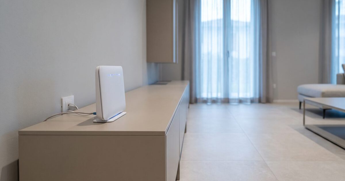 Router per la fibra su una credenza in un soggiorno italiano contemporaneo, con la presa a muro e il cavo collegati