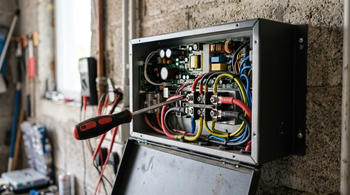 Inverter aperto con cacciavite e morsetti in vista, la voce più pesante dei costi nascosti fotovoltaico dopo installazione