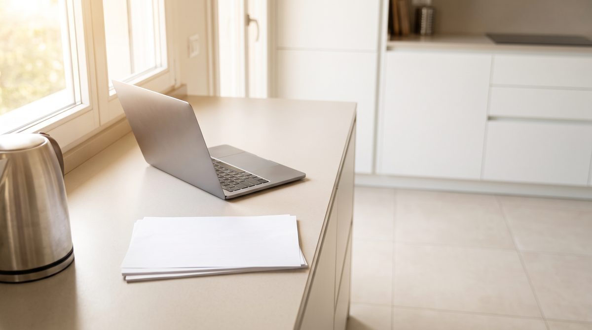 Iren luce e gas: laptop aperto e fogli di bolletta su un piano da cucina in un appartamento italiano illuminato dalla luce del giorno