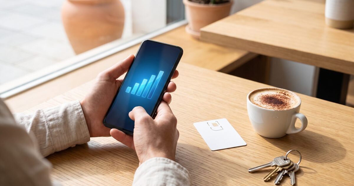 Mano che tiene uno smartphone con l'indicatore di segnale acceso accanto a una SIM bianca su un tavolo di legno, immagine della scheda Kena Mobile