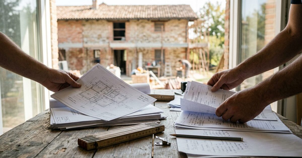 Due persone sfogliano fogli di pratica edilizia e una planimetria su un tavolo di legno, con una casa in ristrutturazione oltre la finestra