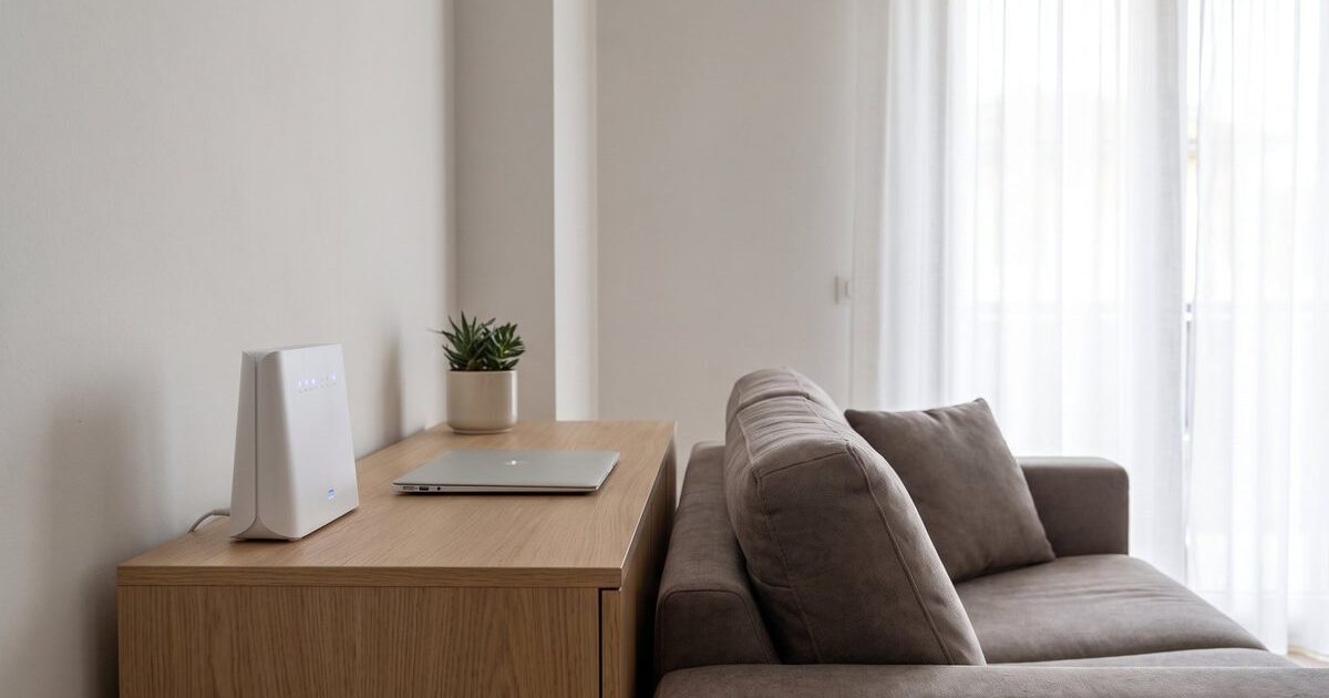 Router per offerte TIM fibra su una console in rovere in un soggiorno italiano contemporaneo